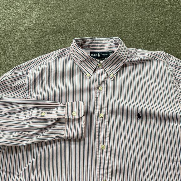 Ralph Lauren Mens L 17 34/35 Classic Fit Pink Blue Striped Button Down Oxford - Picture 1 of 10
